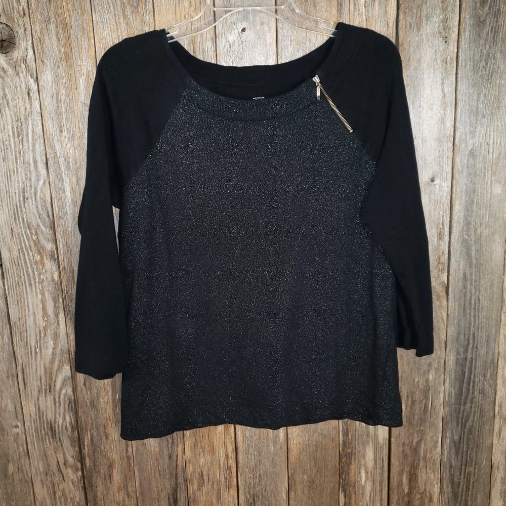 Loft Outlet M Women's Black Shimmer Metallic Zipper Sweatshirt Top